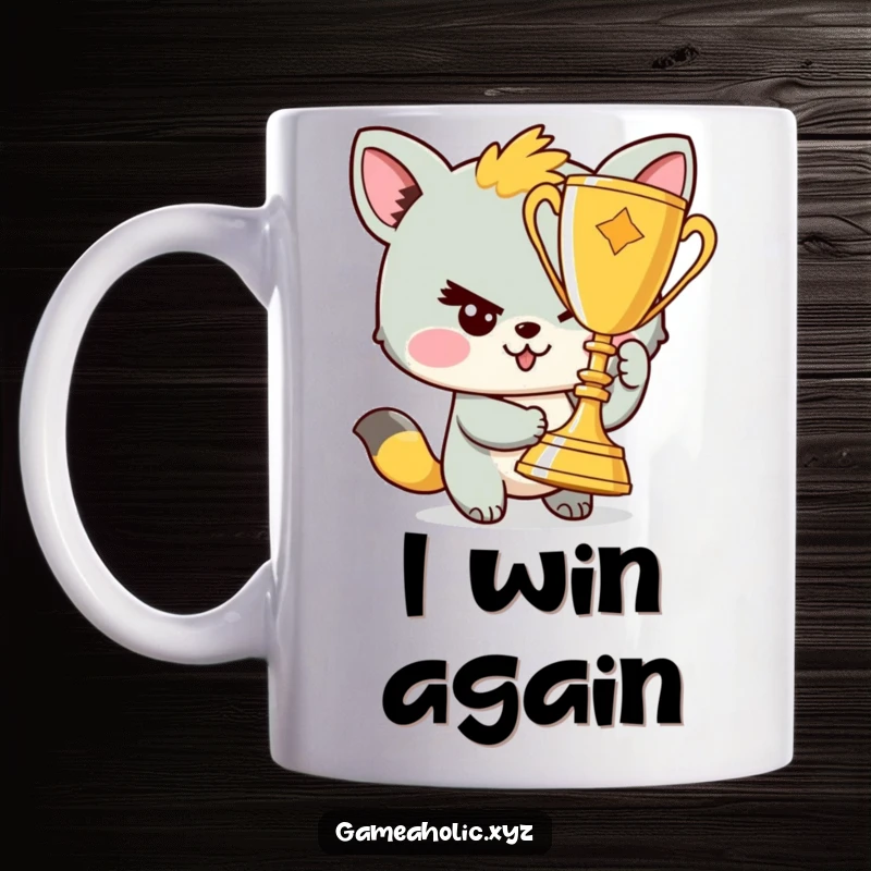 Funny mug of a mischievous animal winking and holding a golden trophy high, celebrating a hilarious win.
