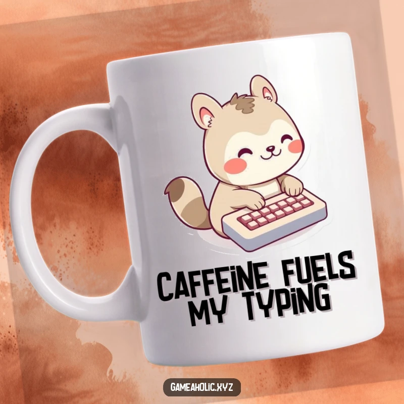 Funny Mug with a grinning animal rapidly typing on a miniature keyboard, embodying digital productivity and joy.