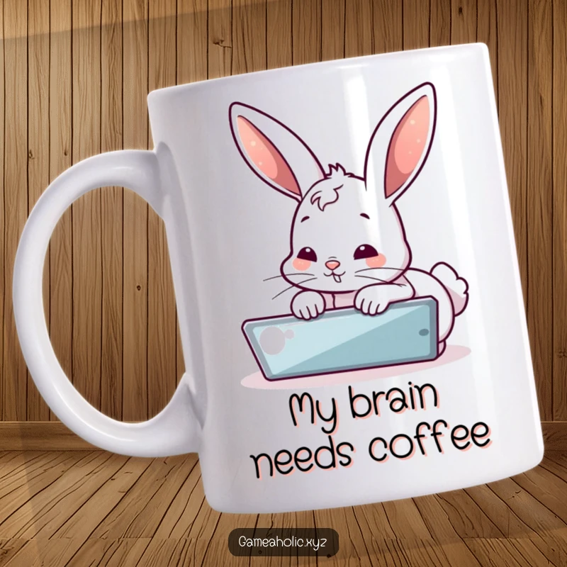 Funny mug showing a hyper-focused bunny leaning intently towards a glowing screen, a relatable scene for digital life. A perfect funny gift.
