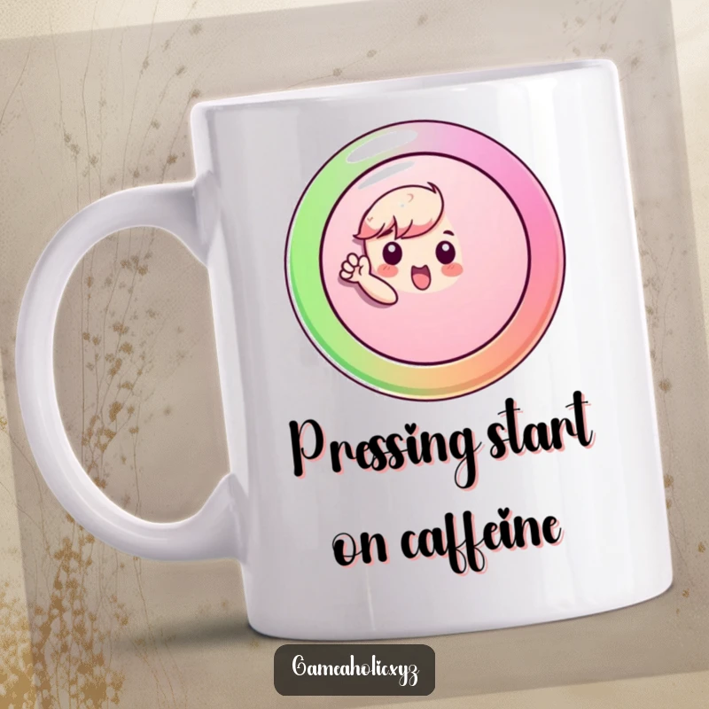 Funny Mug featuring a small character enthusiastically pressing a giant, colorful button, symbolizing activation and excitement.