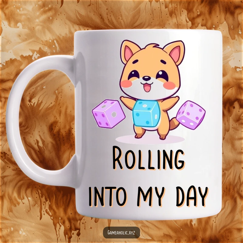 Funny Mug: A playful animal character skillfully juggles three bright, glowing digital dice, representing luck and fun, a great gift.