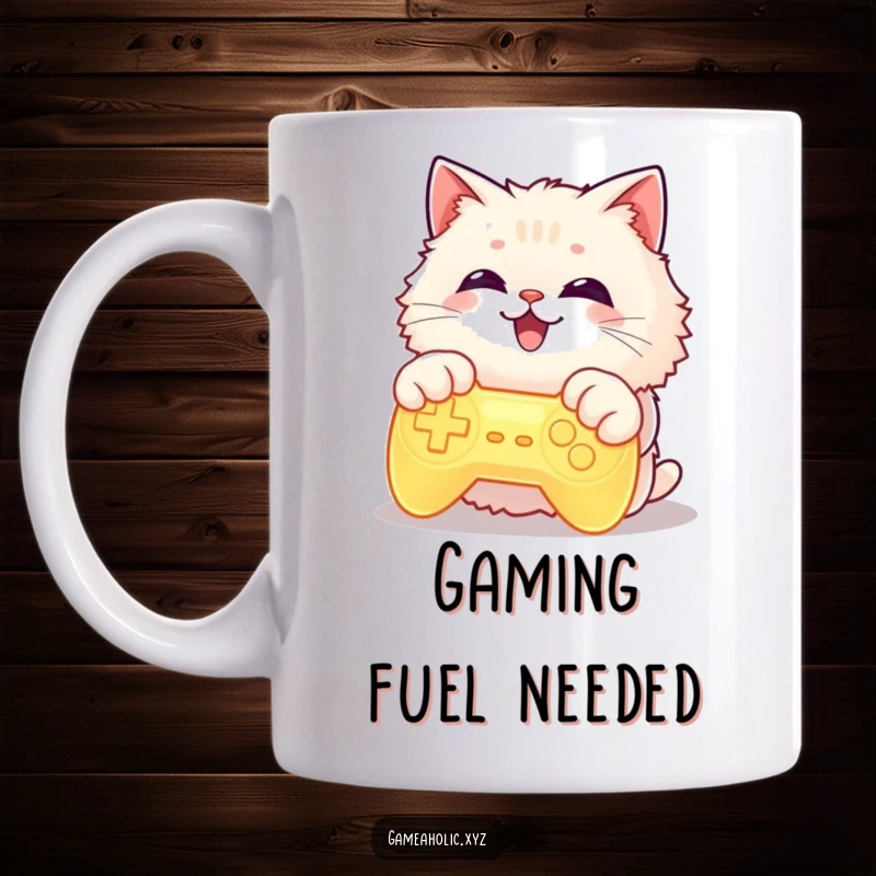 Funny fluffy cat with paws on a glowing game controller, grinning widely, featured on a mug, celebrating gaming.
