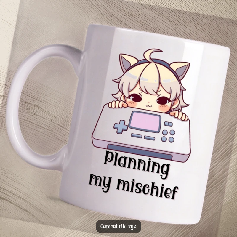 Funny mug with a character peeking over a large console with a mischievous smirk, hinting at secret gaming plans.