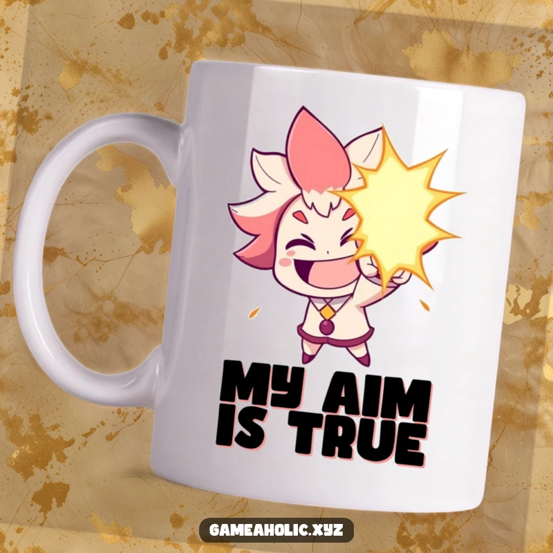 Funny Mug: Character grins widely, unleashing a vibrant, humorous energy blast, perfect for a comedic jolt.