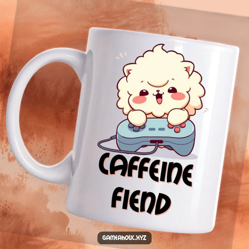 Funny Mug: A fluffy character with joyful abandon, rapidly pressing buttons on a game controller, pure gaming chaos.