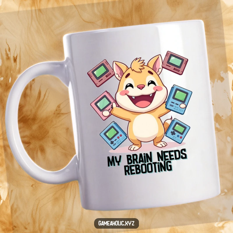 Funny gamer mug showcasing an energetic animal with a huge grin, expertly juggling multiple game cartridges, a perfect funny gift.