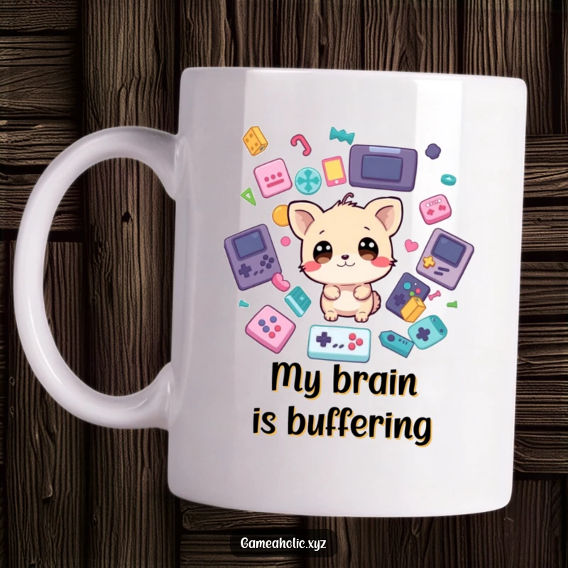 Funny Mug: Wide-eyed animal character overwhelmed by falling game icons, depicting gamer panic and excitement, a hilarious gift.