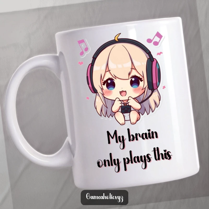 Funny mug with a character wearing headphones, bopping head to in-game music, showing pure joy and musical immersion.