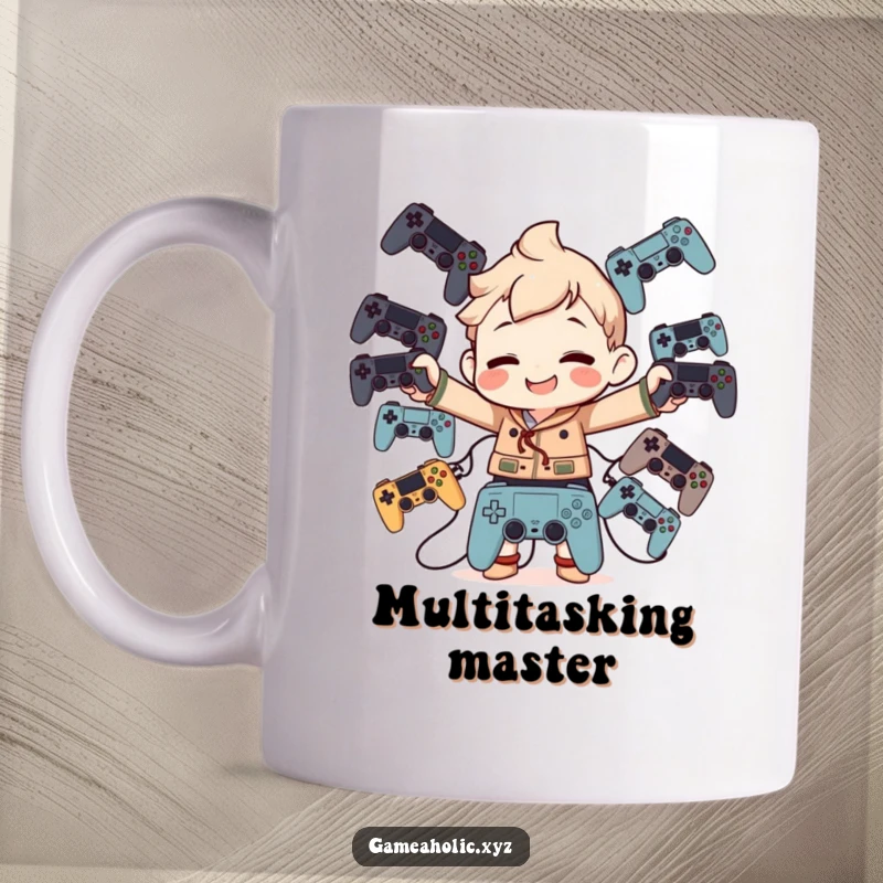 Funny Mug: Character expertly balancing a stack of game controllers with a wide, goofy grin, symbol of gaming skill.