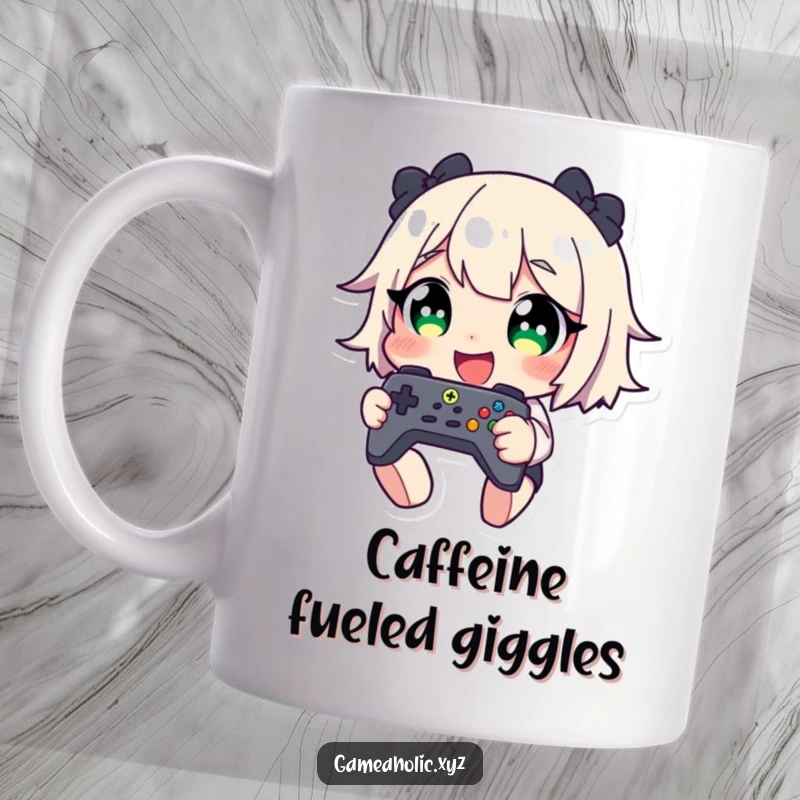 Funny mug showing a character with huge, excited eyes giggling uncontrollably while clutching a game controller, radiating pure gaming delight.