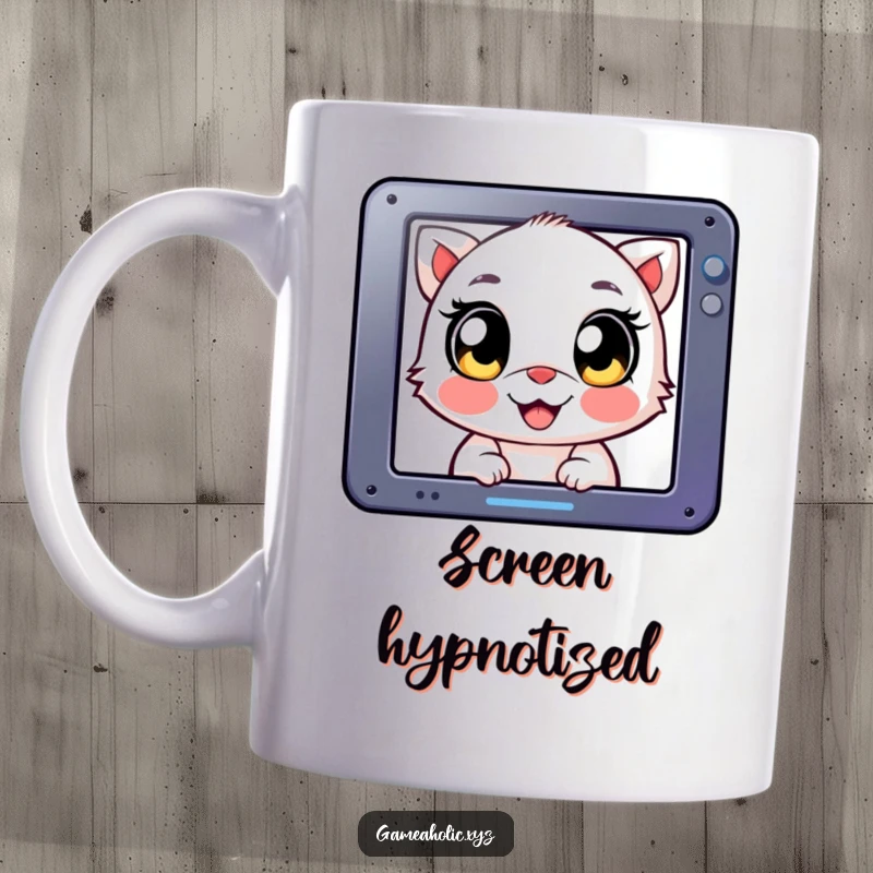 Funny Mug: A creature with large, delighted eyes, intensely focused on a glowing screen, representing gaming immersion.