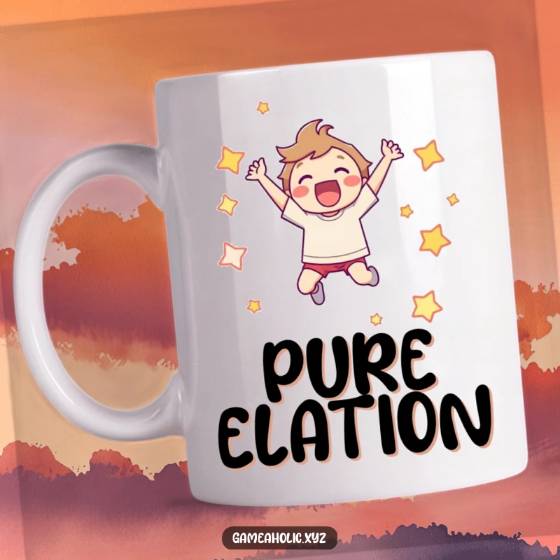 Funny Mug: Character leaping joyfully, surrounded by pixelated stars, embodying gaming victory and excitement.