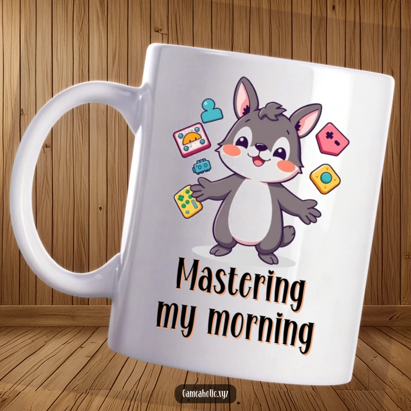 Funny Mug featuring a playful animal character expertly juggling colorful, abstract game icons, celebrating the joy of gaming.