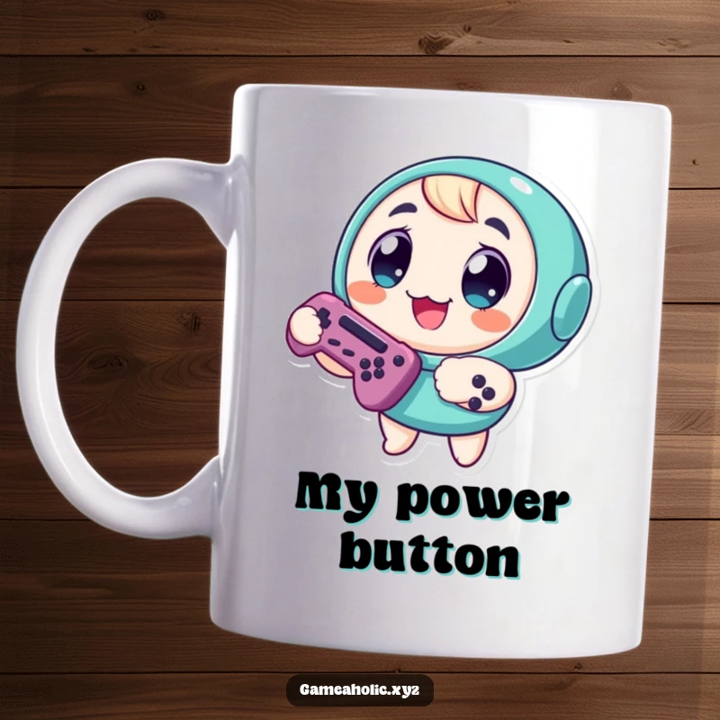 Funny Mug: Round character with big, excited eyes gripping a game controller, ready for intense gaming fun.