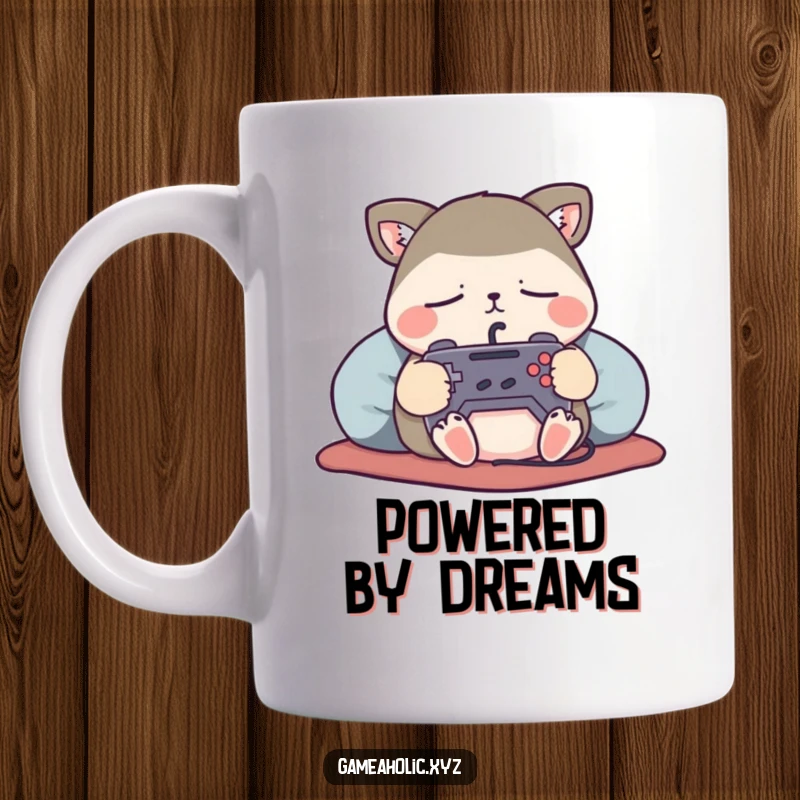 Funny Mug featuring a content animal character sleeping soundly, a tiny game controller held tightly in its paws, embodying gamer peace.