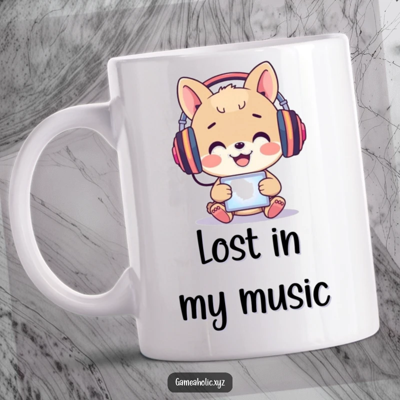 Funny Mug: A happy animal wears headphones, immersed in a glowing screen, full of joy.