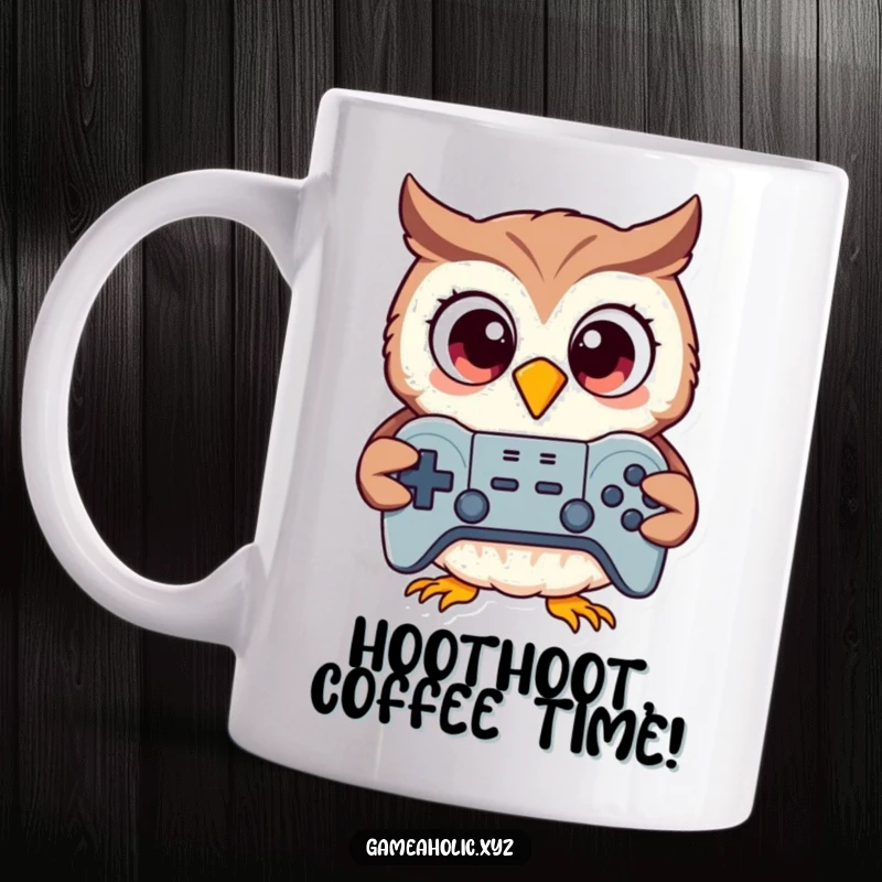Funny cartoon owl with huge excited eyes holding a video game controller, ready to play, perfect gift.