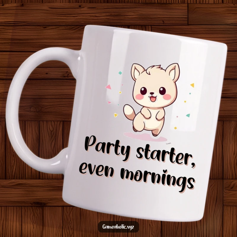 Funny playful animal character leaving a trail of confetti while playing, on a cheerful mug.
