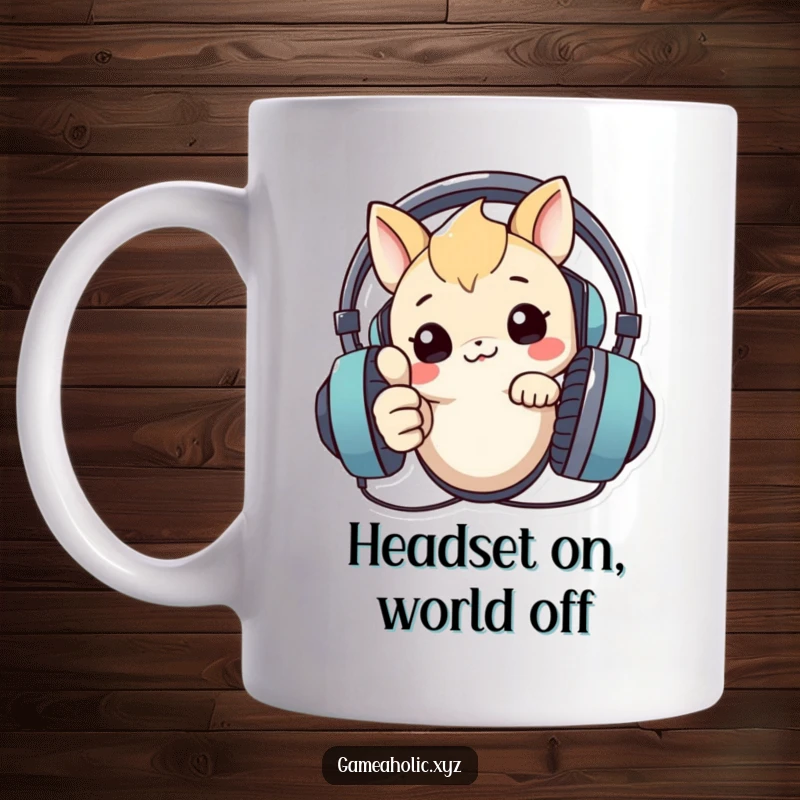 Funny mug featuring a cute creature peeking curiously over a large headset, giving a confident thumbs up, symbolizing tech approval.