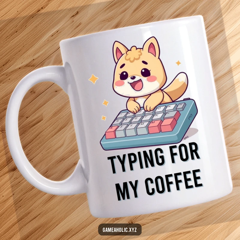 Funny Mug: An energetic animal smiles, typing rapidly on an oversized keyboard with enthusiasm.