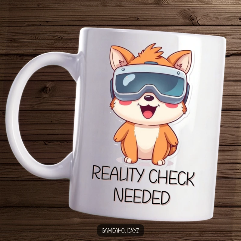 Funny happy animal character wearing comically oversized virtual reality goggles, lost in a digital world.