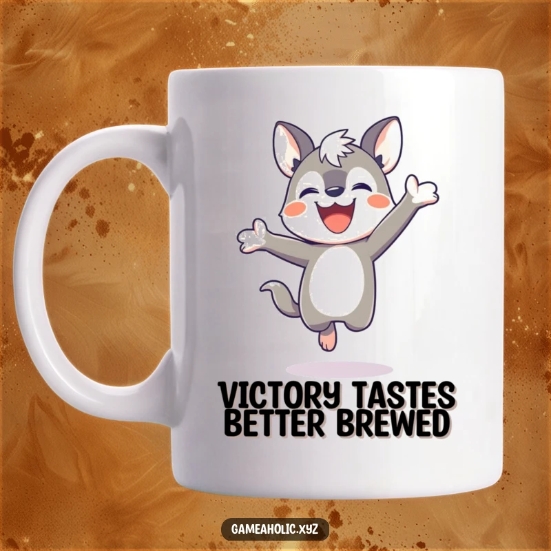 Funny mug featuring a determined animal character leaping with pure joy after winning a game, perfect for celebrating victories.