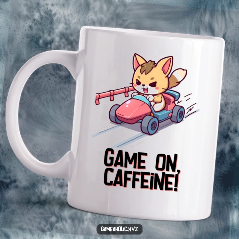 Funny determined animal character racing a tiny vehicle on a retro pixelated game track, full of competitive spirit.