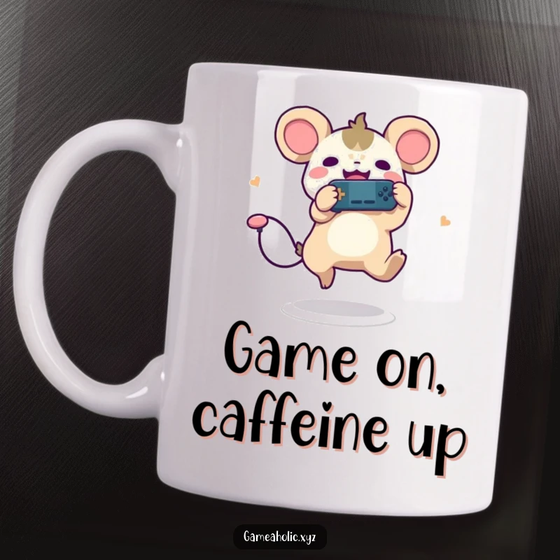 Funny mug with a cute creature, round ears, leaping joyfully while holding a game controller, ideal for gamers.