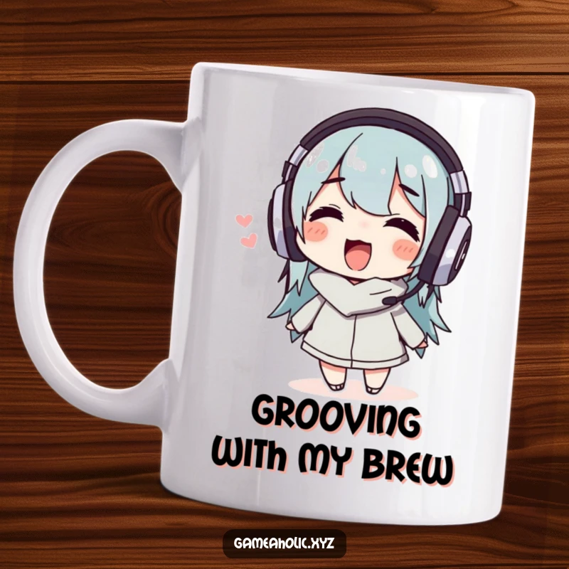 Funny Mug with a delighted character wearing headphones, wiggling happily to music, representing pure auditory bliss.
