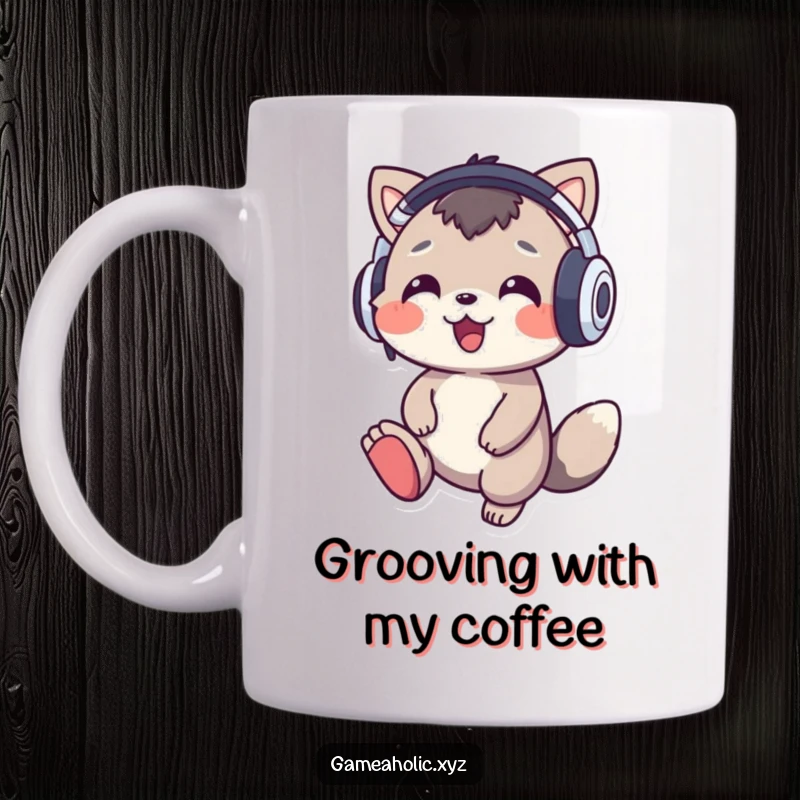 Funny music lover animal mug showing a cheerful character with oversized headphones tapping its foot enthusiastically to music, exuding joy.