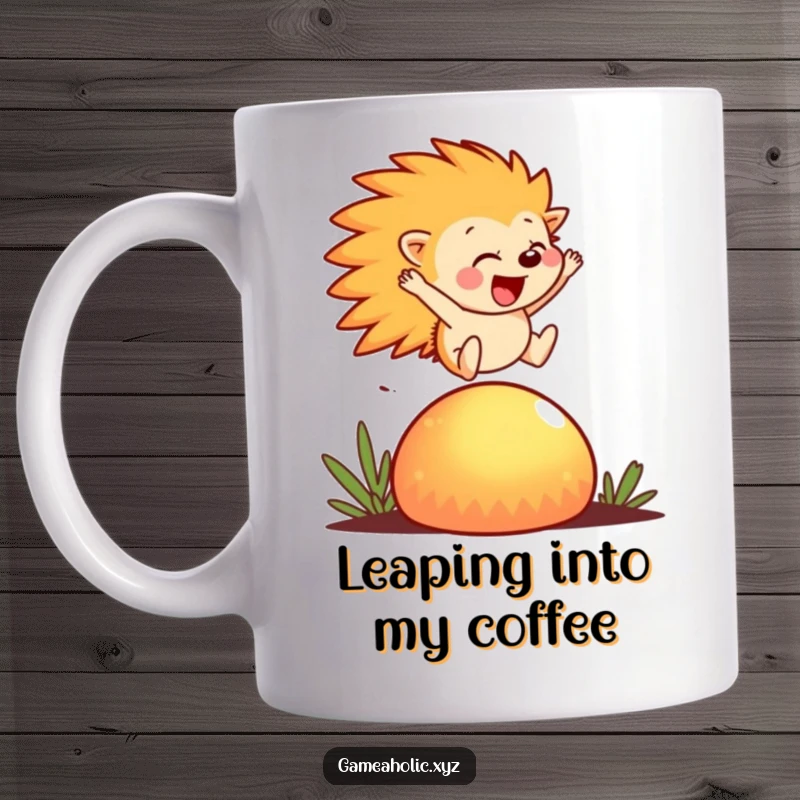 Funny Mug featuring a cheerful hedgehog leaping joyfully over a giant, glowing mushroom icon, radiating happiness.