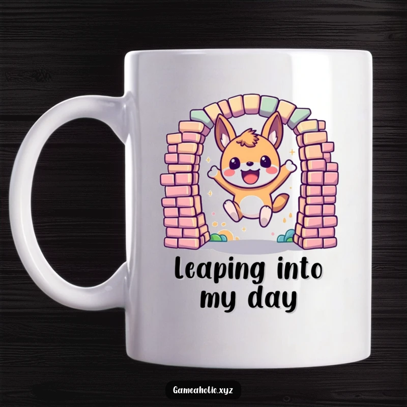Funny Mug featuring an excited animal character energetically leaping through a portal composed of colorful, glowing pixels, symbolizing adventure.