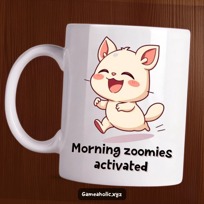 Funny mug featuring a small, cute creature laughing uncontrollably while zooming around at a very fast pace, radiating pure joy.
