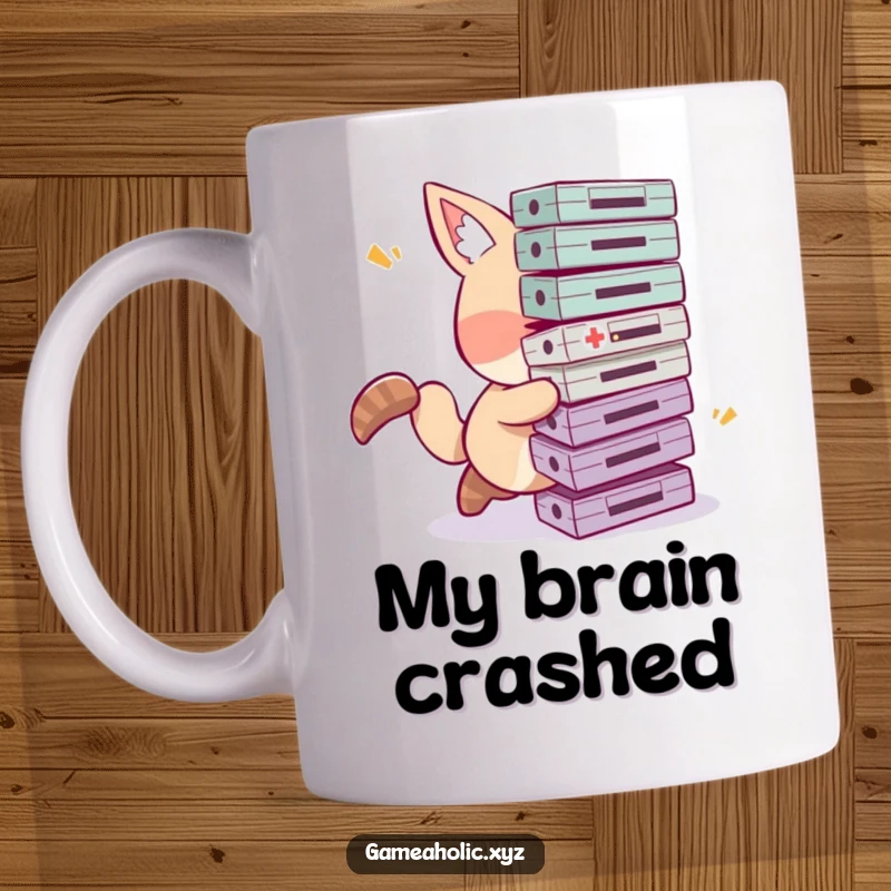 Funny tripping gamer mug featuring a clumsy animal character comically stumbling while attempting to carry a huge pile of video game cartridges.