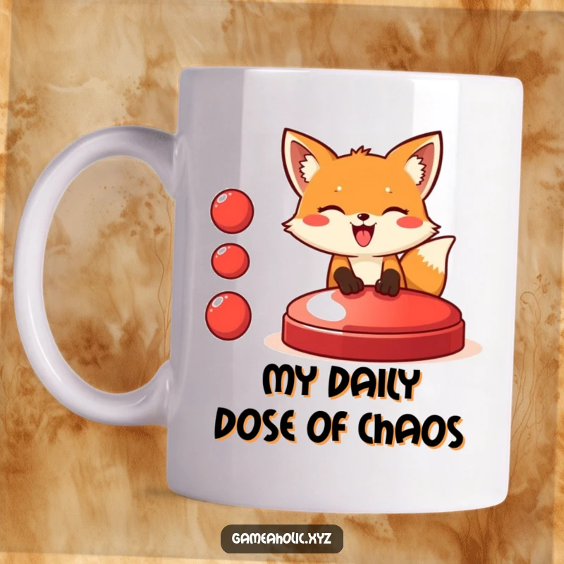 Funny fox mug design featuring a giggling fox enthusiastically pressing a massive red button, symbolizing spontaneous action and humor.