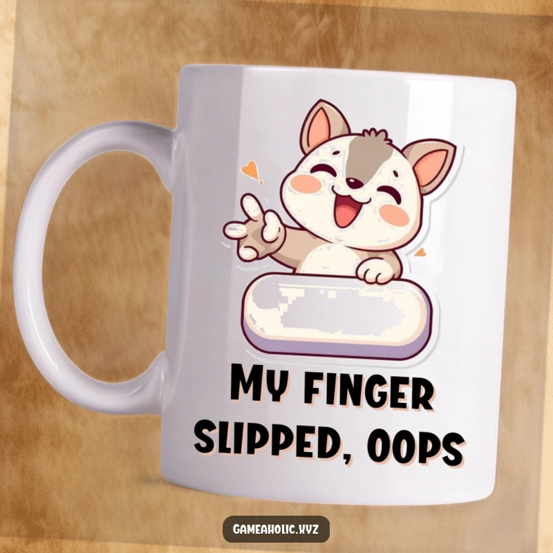 Funny mug featuring a determined animal character enthusiastically smashing a virtual button, ready for action.