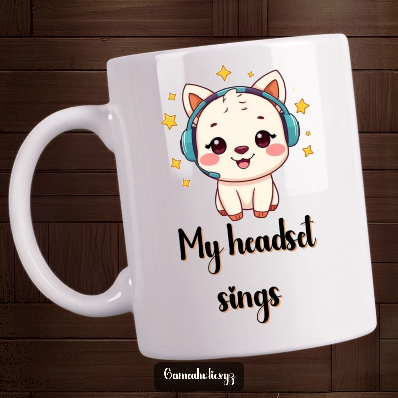 Funny mug showcasing a cheerful animal character with magical stars swirling around their gaming headset.