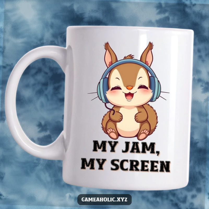 Funny Mug featuring a delighted squirrel wearing large headphones, engrossed in a screen, conveying intense focus and enjoyment.