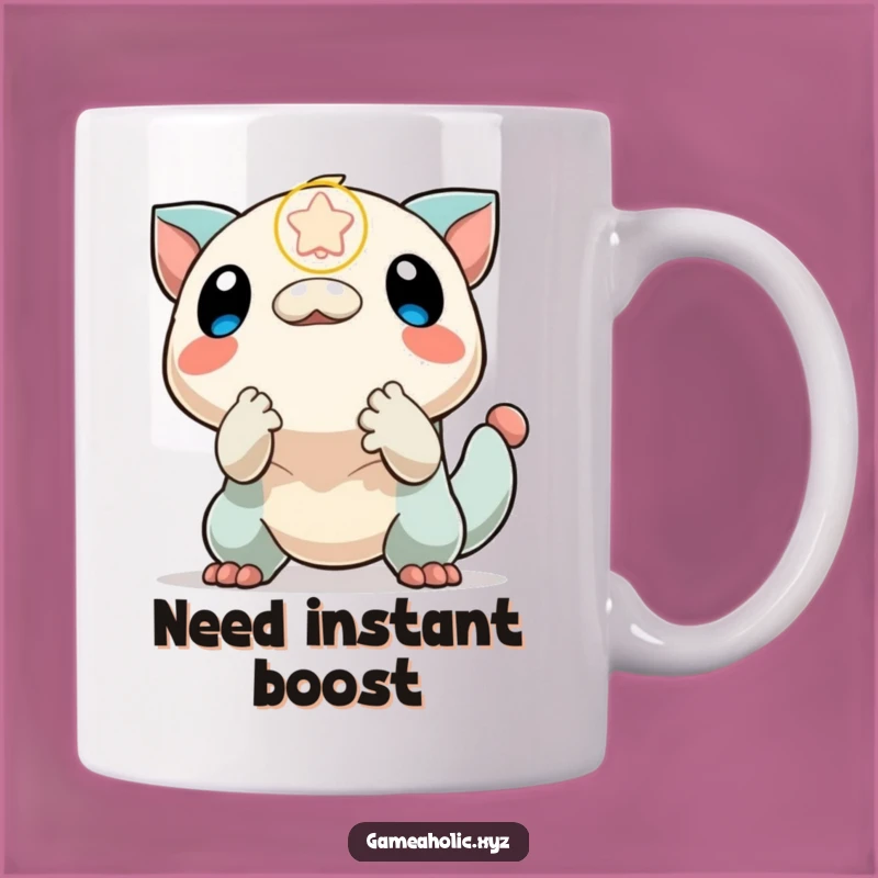 Funny Power-Up Mug: Excited Creature Grabbing Boost, Perfect Funny Gift