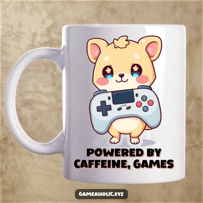 Funny mug with a cute animal character holding a giant game controller, eyes wide with wonder and excitement for gaming.