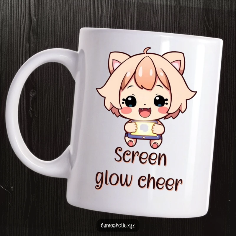 Funny Mug featuring a happy character intensely focused on a glowing screen, cheering with excitement.