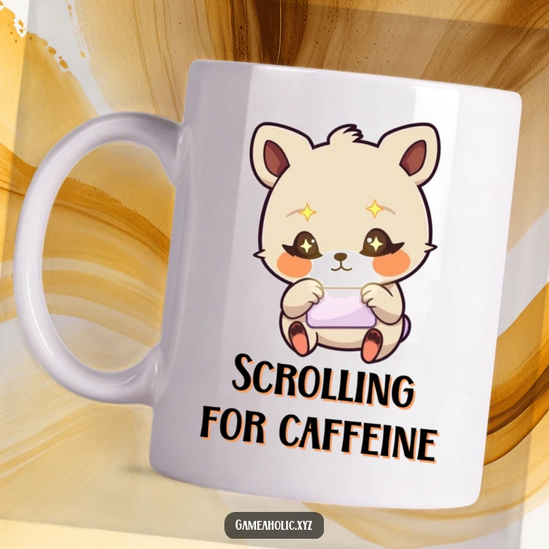 Funny mug with a stylized animal, starry eyes, frantically tapping a glowing screen, representing digital intensity.