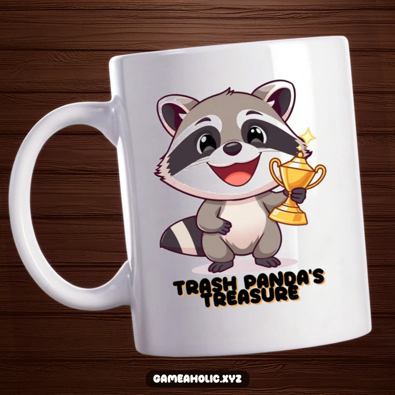 Funny playful raccoon with a wide grin proudly holding a sparkling trophy, celebrating a win, perfect gift.
