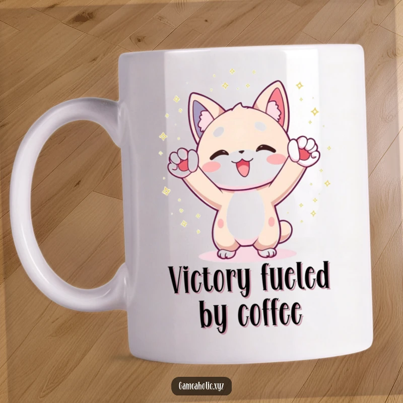 Funny Mug: Character cheers with paws raised amid shimmering digital particles, radiating pure joy.