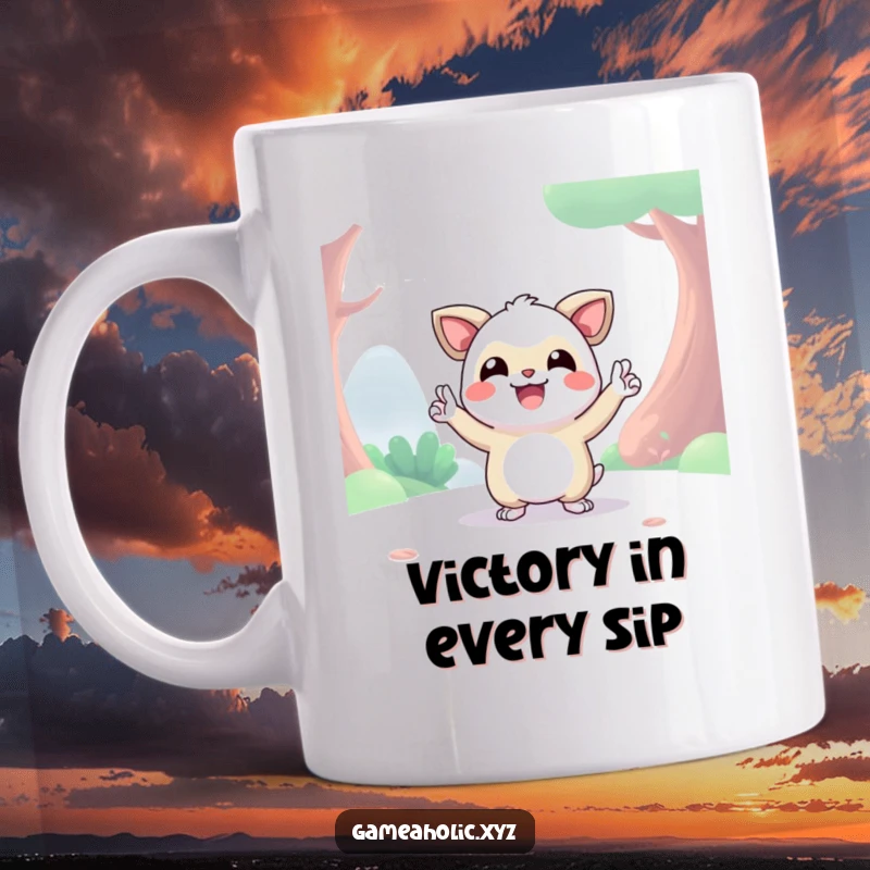 Funny happy creature in a digital world striking a triumphant victory pose, celebrating success, perfect gift.