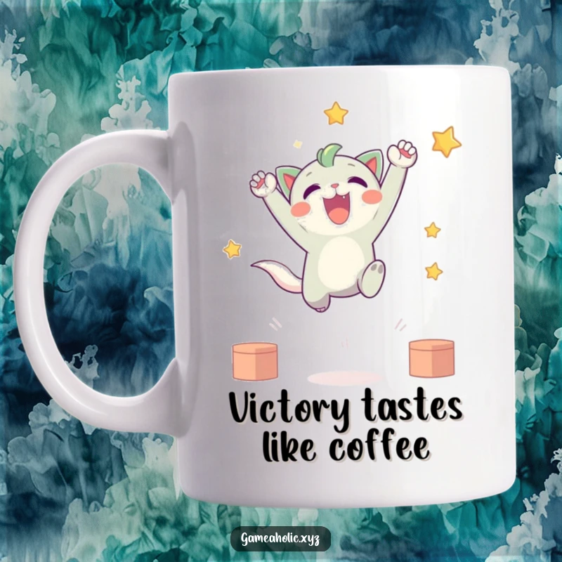 Funny mug featuring a cute creature joyfully leaping mid-air, celebrating a virtual victory with an ecstatic pose and playful energy.