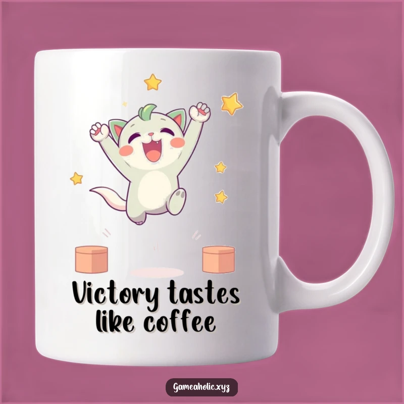 Funny Victory Dance Mug: Cute Creature Leaping for Joy - Perfect Gamer Gift