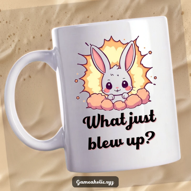 Funny rabbit mug showing a curious bunny peeking from behind a large pixelated explosion, evoking retro gaming and surprise.