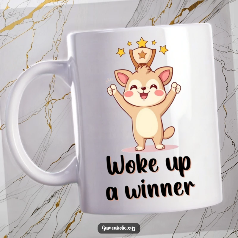 Funny Mug featuring an animal character triumphantly raising a digital award with a big smile, showcasing achievement.