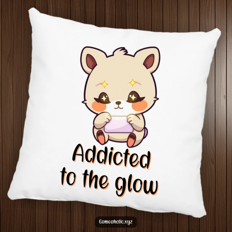 Funny decorative pillow featuring a stylized animal with starry eyes, frantically tapping a glowing screen, soft and humorous.
